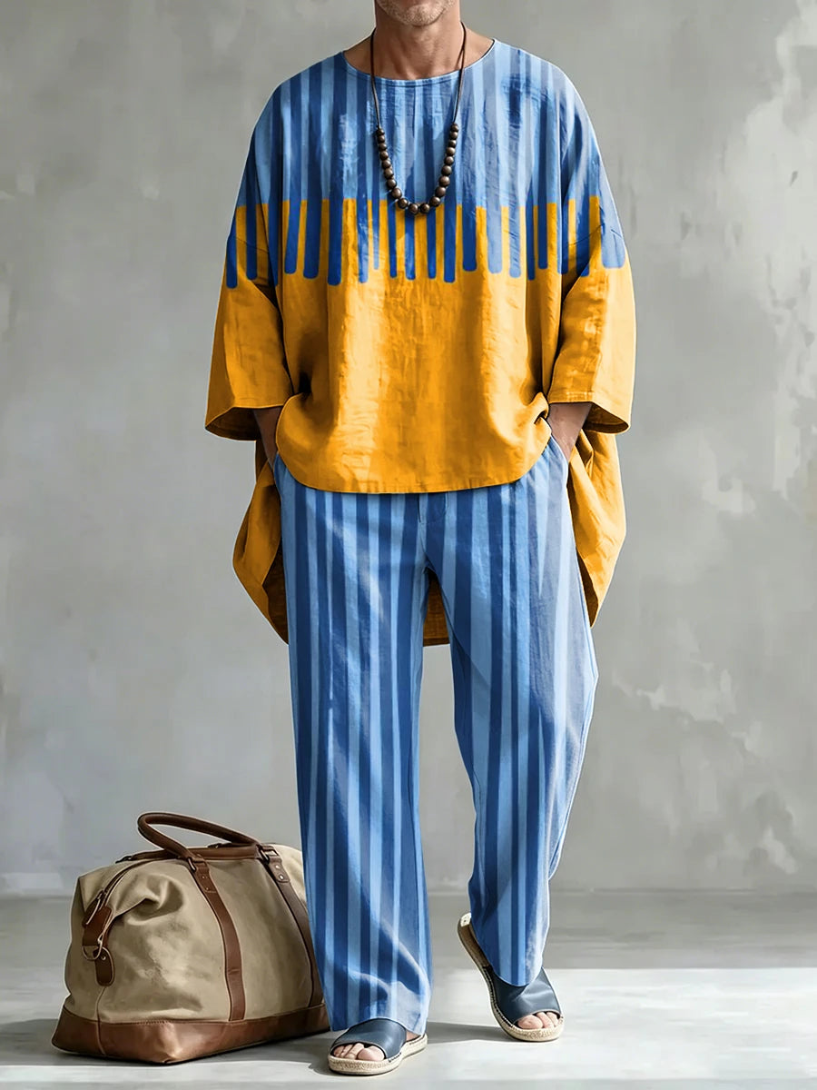 Men's Fashionable Abstract Stripes Print Casual Comfort Crew Neck Top And Pants Two-piece Set